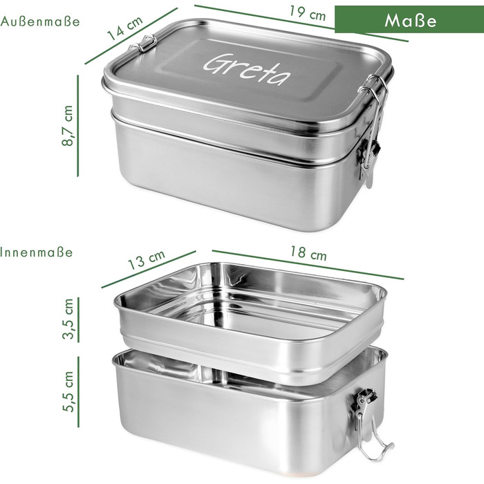 LOOXIS Personalized Stainless Steel Lunchbox with Name & Text Engraved – 1960 ml, including divider, leak-proof, 2 tiers, Bento Box – Gift idea for children, school start, work – L, Double-decker