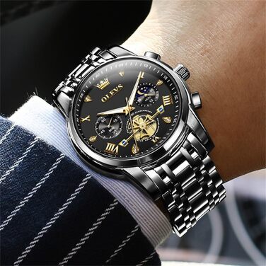 Годинник чоловічий OLEVS Chronograph, водонепроникний, аналоговий кварц, стильний, бізнес, з підсвічуванням, сталевий, великий циферблат (2856-чорний циферблат/чорний ремінець)