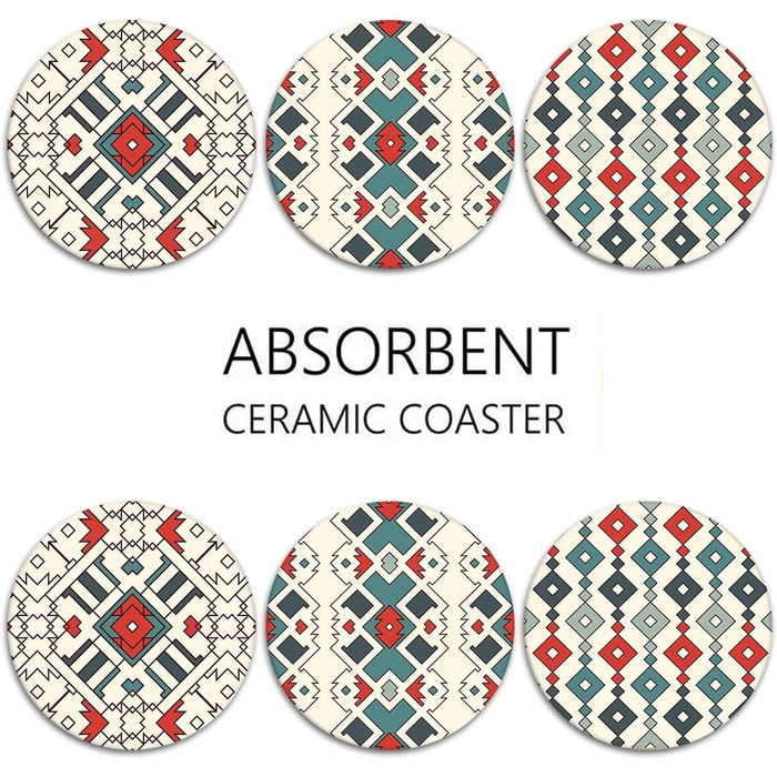 Drink Coasters 6-Piece Set, Geometric Tribal Boho Blue Red Absorbent Round Ceramic Stone Mat with Cork Bottom and Metal Holder, Housewarming Gift for Bar Decor