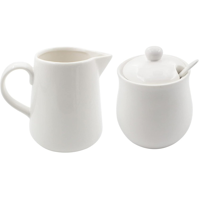 Cream-colored ceramic set for cream and sugar, coffee service, sugar bowl with lid and spoon, cream pitcher, creamer