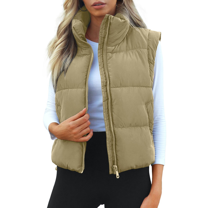 Жіноча укорочена пухова жилетка Polu, хакі, з коміром-стійкою, утеплена, легка, базова (S)
