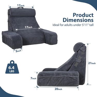 Регульоване подушкове крісло для читання Vekkia з підставкою для спини - XL кишені, зональний пінополіуретан для підтримки, ідеально для читання, ігор та відпочинку