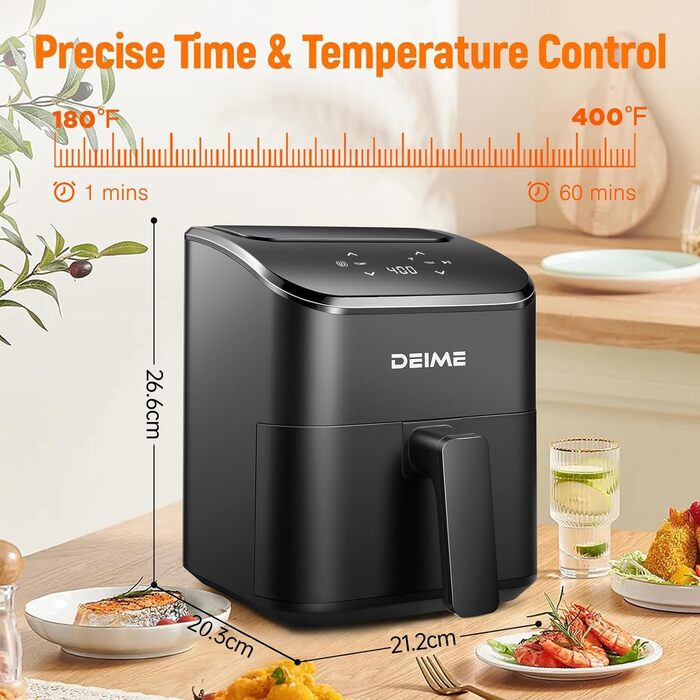 Аерофритюрниця DEIME 2.5 л: компактна, цифрова, для смаження, запікання та підігріву їжі. Антипригарна, чорна