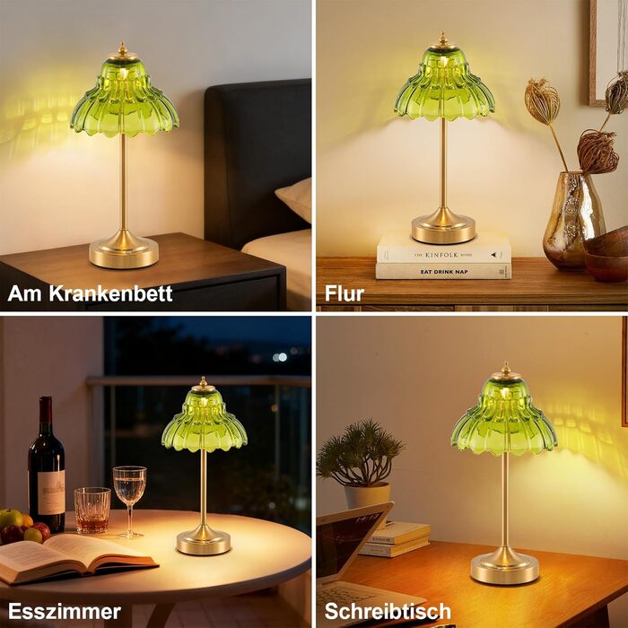 Ретро настільна лампа бездротова, акумуляторна 6000mAh, з регулюванням кольору та яскравості, портативна LED лампа для вітальні, спальні, бару (зелена)