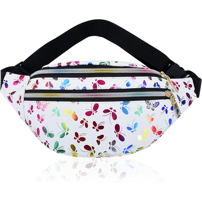 Металева поясна сумка AYNKH з регульованим ремінцем, три відділення, водонепроникна фанна-пак для відпочинку, спорту, подорожей (Білий метелик)