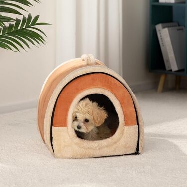 Hollypet Cat Bed, Small Dog Bed, 2-in-1 Foldable Plush Pet Bed for Cats & Small Dogs, Cozy and Soft Pet Cave Bed for Indoor Outdoor, (Orange Brown)