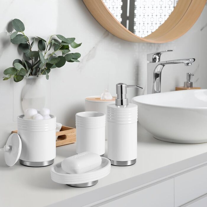 Набір аксесуарів для ванної кімнати з діамантами: органайзер для зубних щіток, дозатор мила, стакан для зубних щіток, мильниця, контейнер для ватних паличок, 5 шт., білий з металевим цоколем