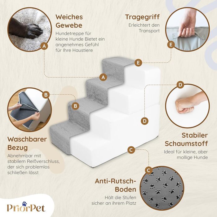 Сходинки для собак на ліжко та диван: 4 сходинки, 58 см, з пінопласту, для маленьких собак, безпечні та стабільні, знімний та пральний чохол, світло-сірий