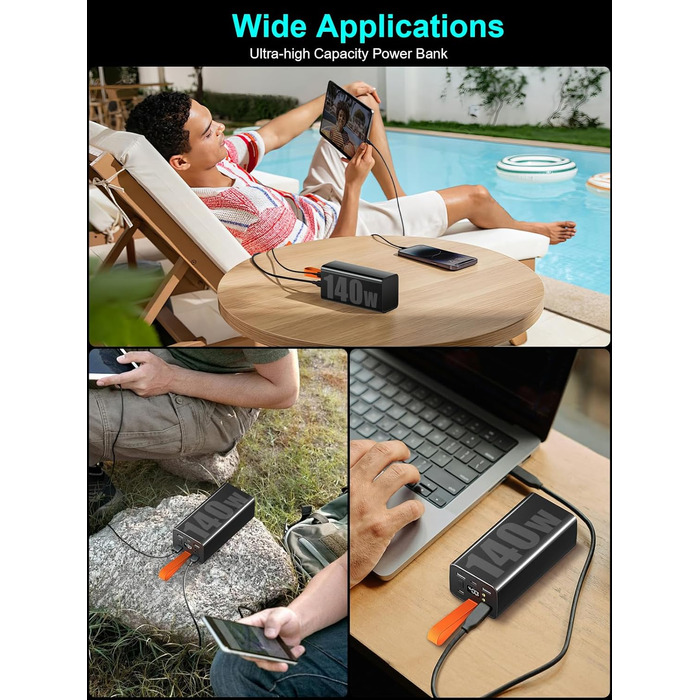 Портативний акумулятор 140W 70000mAh з 5 виходами USB-C, PD3.1, QC4.0, LED-дисплеєм, ліхтариком, для ноутбука, телефону, планшета, подорожей, кемпінгу, чорний