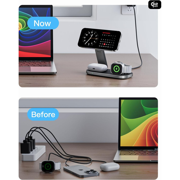 Бездротова зарядка 25W 3-в-1 з MagSafe, складана індуктивна магнітна зарядна станція для iPhone 17/Air/16/15/14/13/12, Apple Watch 10/9/8/7/6/SE/5/4/3 та AirPods Pro (з адаптером 35W), чорна