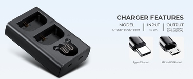 Зарядний пристрій та 2 акумулятори LP-E6 / LP-E6NH для Canon EOS R, 5D Mark IV, III, 70D