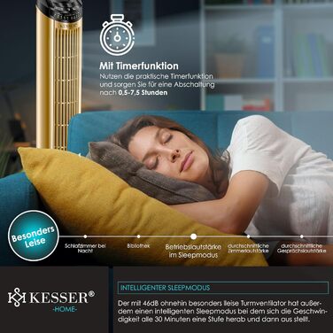 Турбо-вентилятор KESSER® з пультом керування, 90° осциляція, 3 швидкості, 90 см, таймер, золотий | Колонний вентилятор
