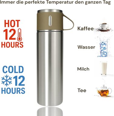 Термос 500 мл з нержавіючої сталі – 2 чашки з ручками – без витоку, BPA-free – з щіткою для чищення – колір: сріблястий