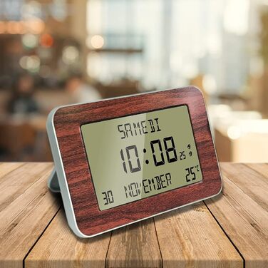 FISHTEC Radio Clock Alarm Clock with Calendar – Large Display, Date, Day, Time, Temperature, 2 Alarms, Wall Mounting or Stand – Wood-Look Finish, 24 x 14 cm