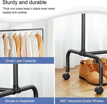 FANHAO Clothing Rack with Wheels, Industrial Heavy-Duty Pipe Clothing Rack, Rollable Garment Rack for Hanging Clothes, 250 lb (113 kg) Weight Capacity, 2 Brakes, Matte Black