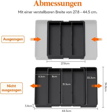 Органайзер для столових приборів Lifewit в шухляду, розширюваний 38-57 см, чорний, пластик, 28-44.5 x 35 x 4 см