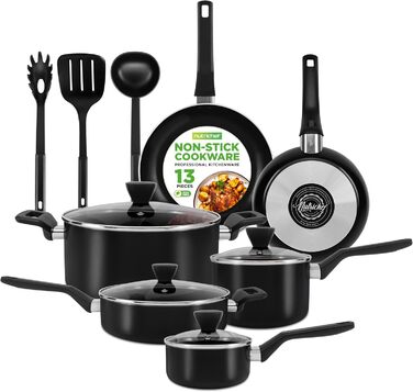 NutriChef 13-Piece Cookware Set | Non-Stick Cookware Set with Lids | Induction Pots and Pans Set for Gas, Electric & Ceramic Cooktops | PFOA-Free | Pots & Pans for Healthy Cooking Black