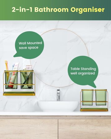 KONE Toothbrush Holder, Wall Mount, Bathroom, Hanging Electric Toothbrush Holder with 2 Removable Compartments, Drainage, Dry and Wet Separation for Bathroom, Kitchen, Family (White) (Gold)