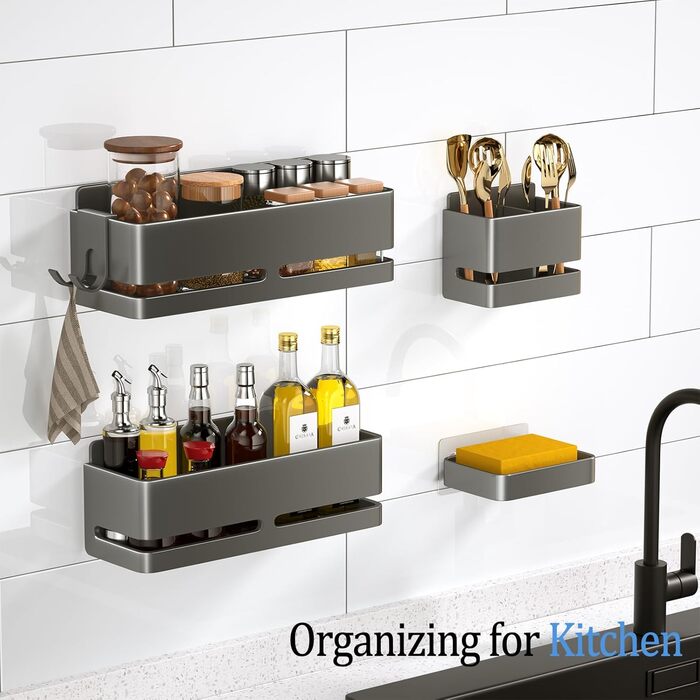 Набір полиць для ванної кімнати (5 шт.) з мильничкою та тримачем для зубних щіток, без свердління, сірий