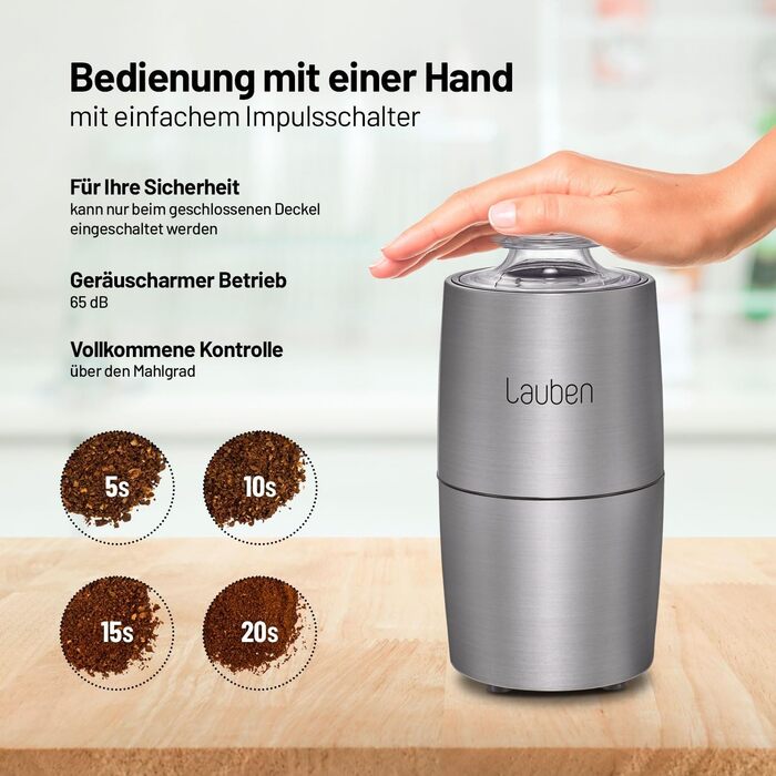 Електрична кавомолка Lauben Grinder 200ST: нержавіюча сталь, 200 Вт, для кави та спецій, з функцією ударного подрібнення, об'єм 50 г
