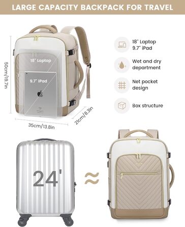 Рюкзак LOVEVOOK для жінок, 40л, ручна поклажа, для ноутбука 18 дюймів, водонепроникний, для подорожей, бізнесу, сумка-дуфіль, набір ручної поклажі, бежевий, хакі