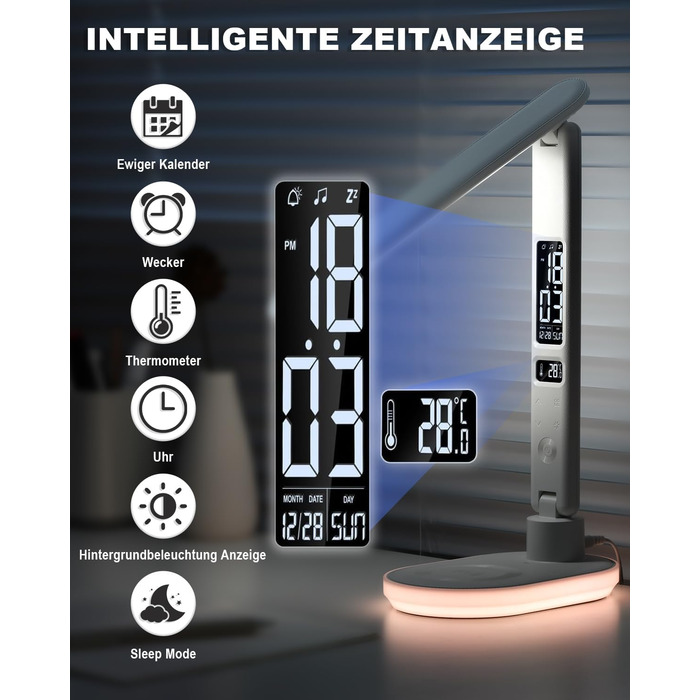 Настільна лампа CCHKFEI з регулюванням, годинником, LED-дисплеєм, бездротовим зарядним пристроєм 10W та USB-портом, 3 режими кольору, датчиком температури та RGB-підсвічуванням для читання, дому та офісу