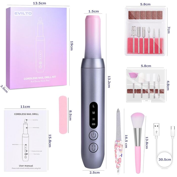 Електричний набір для манікюру та педикюру Nagelfräser: набір для шліфування, полірування та видалення гель-лаку, USB, 30000 об/хв, 3 швидкості, LCD-дисплей, сірий та рожевий