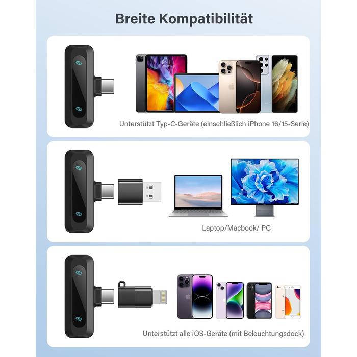 Беспроводной петличный микрофон для iPhone, iPad, Android, 2 шт. с шумоподавлением, авто-подключением, функцией Mute и Reverb для видеоблогинга, съемки видео, TikTok, YouTube
