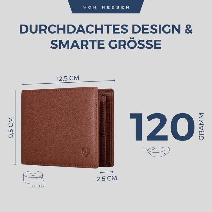VON HEESEN Leather Wallet for Men with RFID Protection | Real Leather Wallet for Men | Coin Purse, Portemonnaie, Wallet, Brieftasche, Portmonee (Cognac Brown)