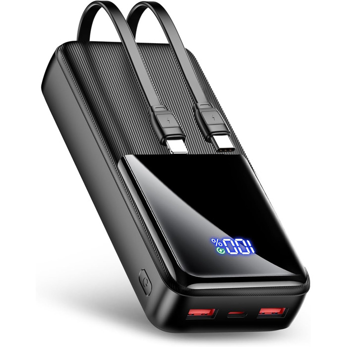 Power Bank 40000mAh з 3 портами USB та 2 кабелями, чорний. Сумісний з iPhone, Samsung Galaxy