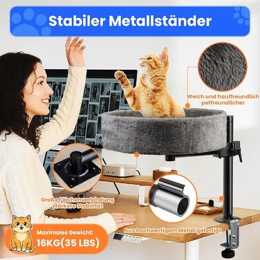 BSWAY Крісло-гніздо для кота на стіл - Покращений 360° оберт, регульована висота, без свердління. Підвищене котяче ліжко над столом. Тримає кошеня/кота близько, робочий простір чистий. Крісло-ліжко для кота на стіл, темно-сірий колір, XL розмір
