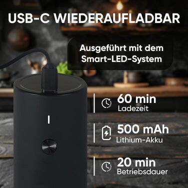 GOV Electric Pepper and Salt Grinder Set - 45 ml Black Edition - USB-C Rechargeable - 6 Adjustable Grind Sizes - Stylish Black Stainless Steel Design with LED Lamp