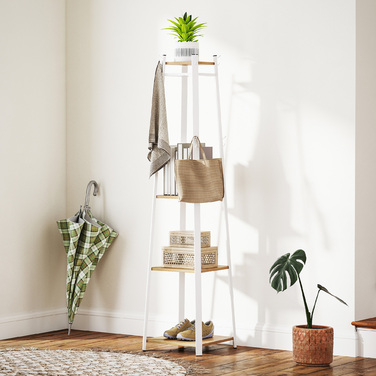 HOMCOM Coat Rack, Clothes Rack with 8 Hooks, 4 Tiers, Steel Coat Stand for Clothes, Hats, Entryway, Hallway, 34 x 34 x 170 cm, White | Aosom