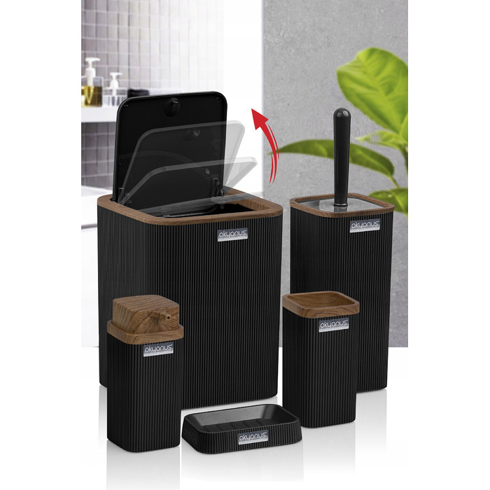 Набір аксесуарів для ванної кімнати Stella, 5 предметів, чорний з дерев'яним оздобленням