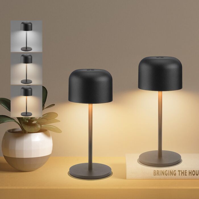 Акумуляторний LED світильник Klighten для столу, димуючий, чорний, алюміній, IP54, 21 см. 3 кольори світла (3000K-6000K), USB-C зарядка, комплект 2 шт.