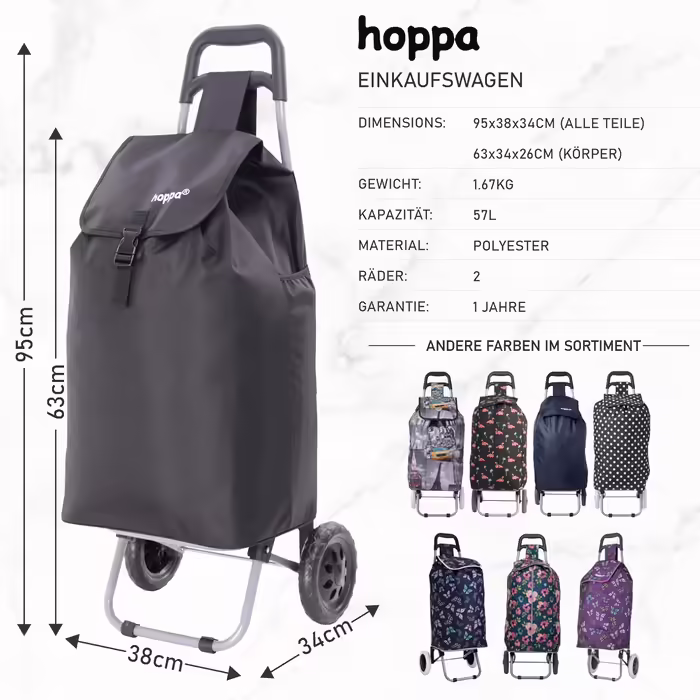 Hoppa 57L Stable Shopping Trolley, Foldable Shopping Trolley, Multifunctional Shopping Cart with Removable Bag, Rolling Shopping Cart, Wagon (Black)