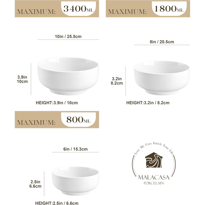 Набір супових та салатних мисок MALACASA Regular Weiß (3шт, 3.4л, 1.8л, 0.8л) з порцеляни. Ідеально для супу, салату, рамену, фруктів та мюслі.