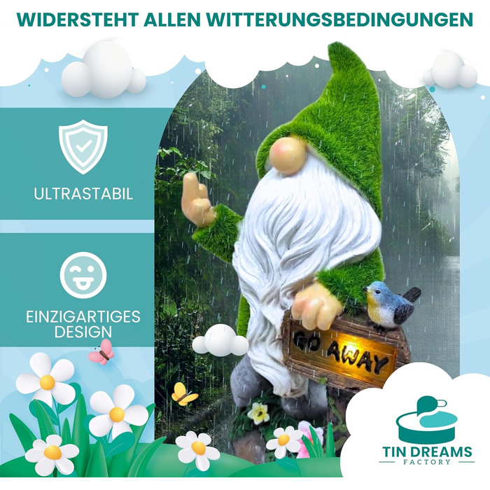 TIN DREAMS FACTORY | Cheeky Garden Gnome with Middle Finger and Solar Light – Funny Decorative Figure made of Resin for Garden, Terrace, Balcony – Witty Weatherproof Outdoor Decoration