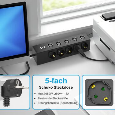 Багаторозкладна мережева розетка з USB, 5-портова, з індивідуальними вимикачами, для кухні, зі сталевою передньою панеллю, кабель 2м