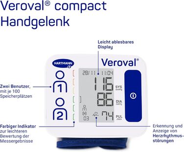 Вимірювач артеріального тиску Veroval Compact на зап'ясті - точний та швидкий, клінічно перевірений, визначає порушення серцевого ритму