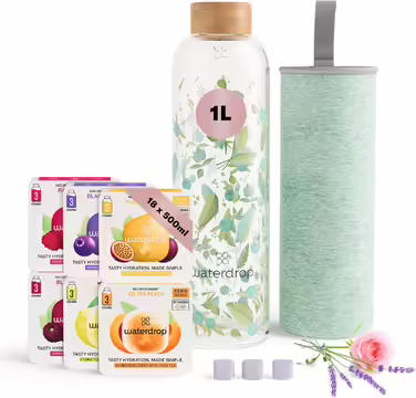 waterdrop® Mother's Day Gift Set - Glass Bottle 1 Liter incl. 18 sugar-free Drops - Gift for Women - Sampler Pack with Water Bottle, Flavor Drops & Vitamins - Carbonated Water Suitable Bottle