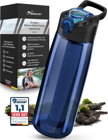 Пляшка-фільтр для води BERGKVIST OBSIDIAN 650 мл з компасом, синя – туристична фляга для очищення води, для кемпінгу, виживання, підготовки