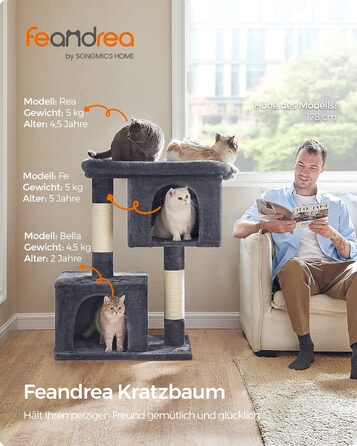 Feandrea Cat Tree, 84 cm Cat Tree, L, Cat House for Large Cats up to 7 kg, Large Platform, 2 Cat Caves, Sisal Posts, PCT61W (XL (68 x 48 x 101 cm), Smoke Gray)