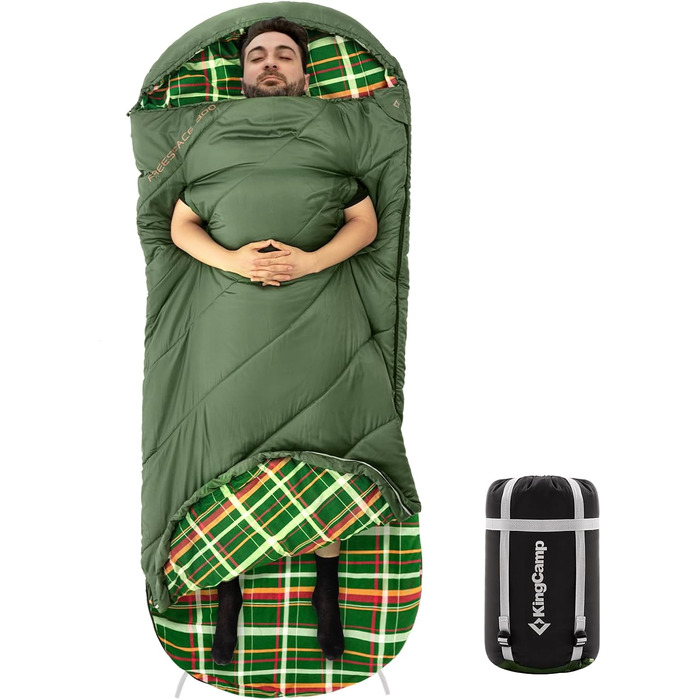 Спальний мішок KingCamp XXL з бавовни фланель для дорослих, великий розмір, теплий, зимовий для кемпінгу, подорожей та активного відпочинку на природі, 4-сезонний, 220x100 см (#Tragbar, оливковий)