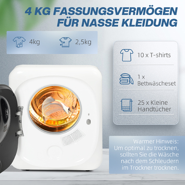HOMCOM 4 kg Vented Clothes Dryer with Disinfection, Deodorization, Smart Mode, Dryer with Stainless Steel Tub, Front Loader, for Apartment, House, RV, White | Aosom