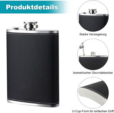 Фляга туристична 8oz з нержавіючої сталі, фляга з воронкою та 4 маленькими чашками, для алкоголю, похідна фляга для пікніків та вечірок (чорна)