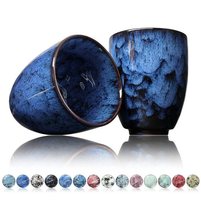 Келихи для кави Ganzoo з кераміки, дизайн - чашки без ручки 200 мл, набір 2 шт, для чаю та кави, сучасний дизайн, кольорові унікати (Кобальт)