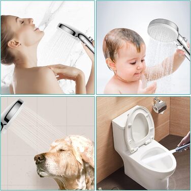 MIAOHUI Shower Head, Pressure-Boosting, Handheld Shower with 3 Spray Patterns, Water-Saving High-Pressure Shower Head with Water Stop Function, Shower Head with Hose and Teflon Tape (Chrome)