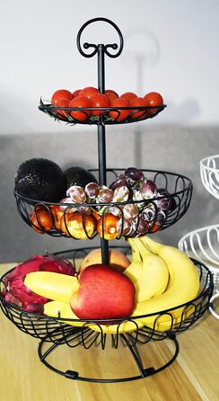 Металевий кошик для фруктів та овочів з ручкою для кухні/балкону, 3 яруси, великий, з нержавіючої сталі, з 360° циркуляцією повітря (чорний, 45 см висота, Ø30-24-16.5 см)