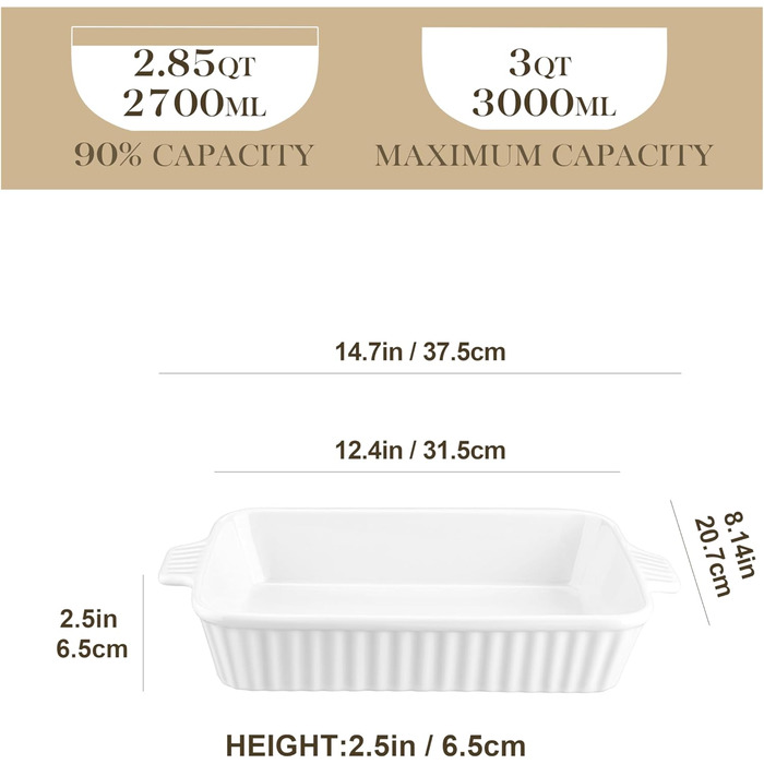 Керамічна форма для запікання MALACASA Bake.Bake 3 л, 37.5 см, прямокутна, біла, для лазаньї, тірамісу, запіканок, на 4-6 осіб